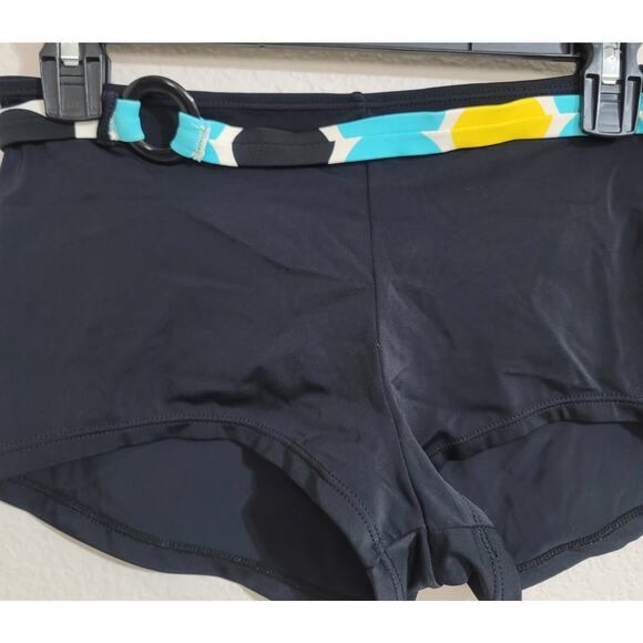 Malibu Black Teal Yellow Cheeky Swim Bottoms Large Belted Lightweight Pull On - Picture 2 of 4